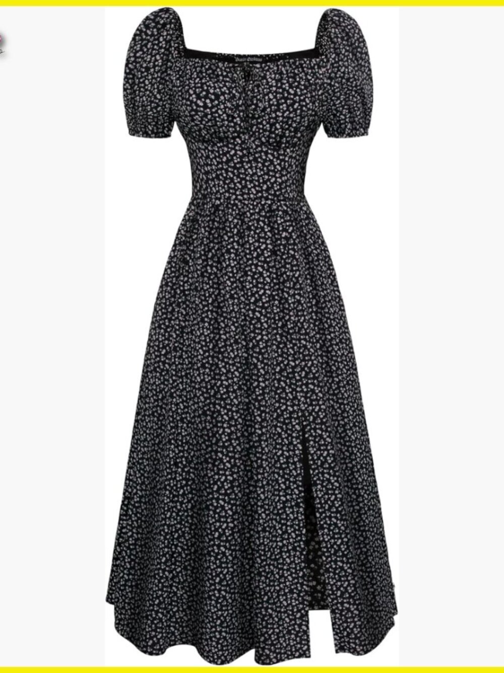 Floral Corset Midi Dress Square Neck Puff Sleeves Vintage Cottagecore Chic
